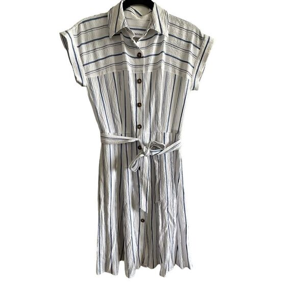 Calvin Klein Dresses & Skirts - Calvin Klein ~ White with blue stripes belted dress ~ capped sleeves ~ size 2